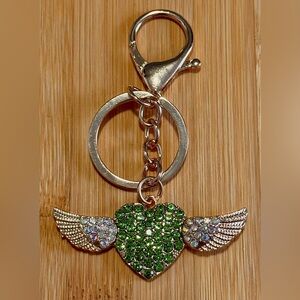 Heart & Wings Bag Charm GREEN & AB Rhinestones Keychain Bling Gold Tone NEW NIP